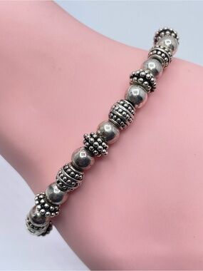 Vintage Napier Silver Tone Beaded Bracelet Bali Style Fold Over Clasp Boho
